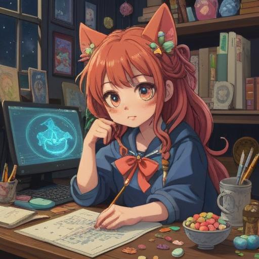A whimsical illustration featuring a collection of lucky charms, vibrant colors, intricate designs, a background of a cluttered desk filled with notes and half-finished projects, a feeling of hope and perseverance, shining coins, a four-leaf clover, a good luck cat, a magical aura, 4k