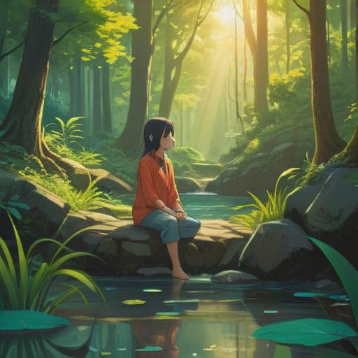 A serene scene of a peaceful forest, gentle sunlight filtering through the trees, a person meditating calmly by a tranquil stream, lush greenery surrounding, soft sounds of nature in the background, harmony and tranquility depicted, warm colors, soothing atmosphere, focus on mindfulness and inner peace, 4k