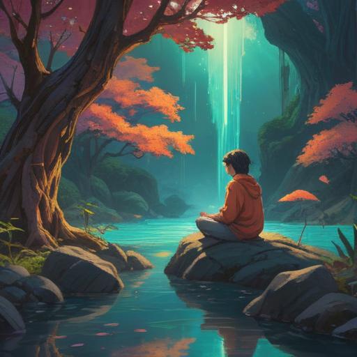 A serene and mystical landscape, featuring a person meditating under a glowing tree, ethereal symbols floating in the air, a gentle stream nearby reflecting soft light, calming atmosphere, lush greenery, subtle spiritual motifs, harmonious colors, evocative nature elements, 4k