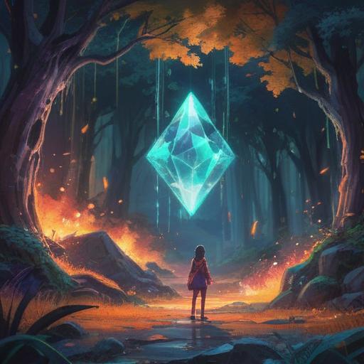 A spiritual scene depicting a crystal shattering, glowing fragments scattering in the air, ethereal light illuminating the surroundings, symbols of transformation and renewal emerging from the shards, peaceful atmosphere, warm colors, nature elements in the background, 4k