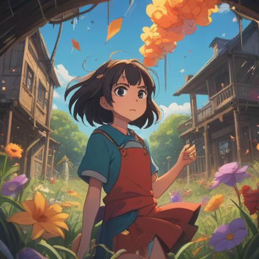 A scene depicting a broken object, shards sparkling in sunlight, a gentle breeze blowing through, blooming flowers nearby symbolizing new beginnings, a butterfly fluttering around, a warm and hopeful atmosphere, the essence of luck and positivity, 4k