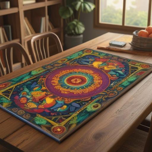 A beautifully crafted talisman representing newfound luck, featuring intricate designs and vibrant colors, placed on a serene wooden table, surrounded by soft candlelight, evoking a sense of tranquility and hope, delicate and enchanting atmosphere, detailed texture, 4k