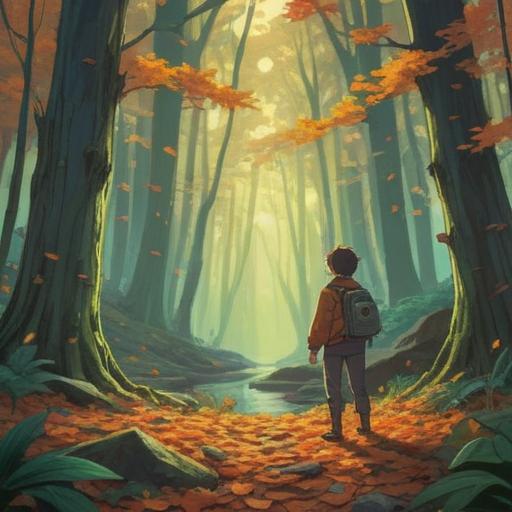 A serene and introspective scene depicting a person standing in a tranquil forest, surrounded by fallen leaves representing lost possessions, soft rays of sunlight filtering through the trees, a gentle breeze symbolizing the release of attachment, reflective expression on the person's face, vibrant colors highlighting the beauty of letting go, 4k