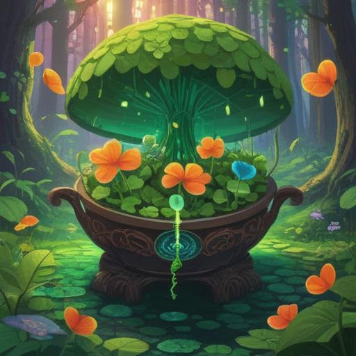 A whimsical illustration of a lost item becoming a lucky charm, vibrant colors, magical atmosphere, objects like a four-leaf clover and a lucky cat, surrounded by glowing sparkles, an emotional character finding hope, bright lighting, 4k