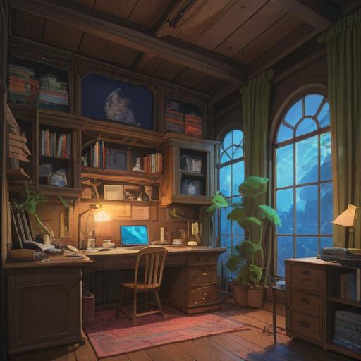 A serene and organized study space, neatly arranged notebooks and stationery, a large wooden desk with a laptop, soft lighting illuminating the area, a bookshelf filled with colorful books, a cup of steaming tea, a window showing a peaceful garden outside, inviting atmosphere, focus on productivity and clarity, 4k