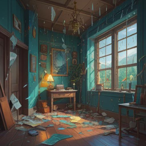 A spiritual illustration representing the fragility of objects, shattered glass reflecting light, ethereal presence surrounding the fragments, symbolism of impermanence, delicate balance between creation and destruction, serene color palette, mystical atmosphere, profound meaning expressed through broken pieces, 4k