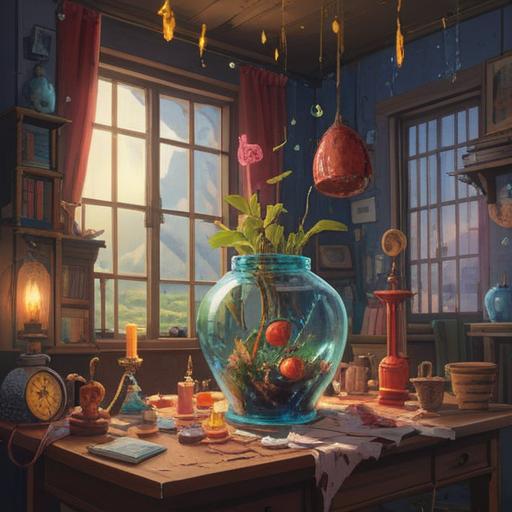 A person known for breaking things, surrounded by various lucky items, a whimsical charm, a shattered vase in the foreground, a four-leaf clover on a table, a lucky horseshoe hanging on the wall, a cheerful atmosphere, playful color palette, magical realism, 4k