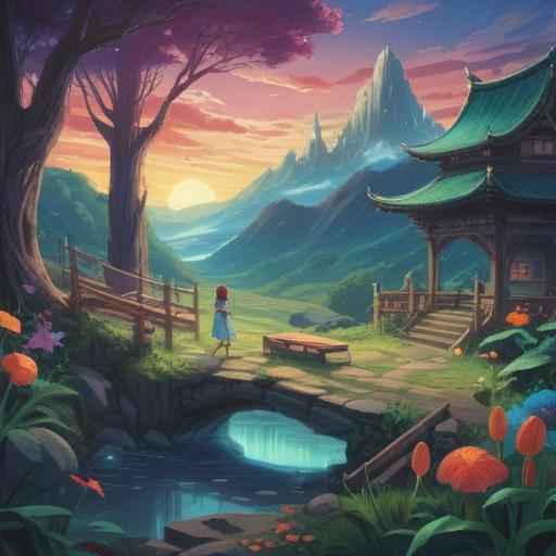 A serene and mystical landscape depicting a person surrounded by scattered objects, soft ethereal light illuminating the scene, a sense of introspection, symbolic representation of letting go, nature elements like trees and flowers adding to the ambiance, vibrant colors, a calm river flowing, reflecting tranquility, spiritual aura, 4k