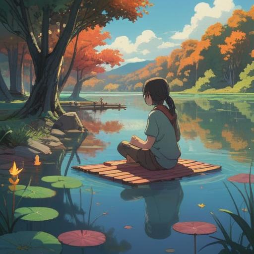 A serene and insightful scene, a person sitting cross-legged on a tranquil lake shore, surrounded by floating objects gently resting on the water, symbolizing the idea of letting go, warm sunlight filtering through the trees, soft ripples reflecting a peaceful sky, a sense of calm and spiritual understanding, an ethereal light illuminating the person's face, harmonious colors, tranquil atmosphere, 4k