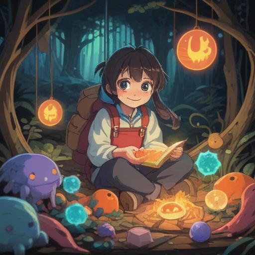 A whimsical and serene illustration, a character smiling as they drop various small objects, a glowing aura surrounding the fallen items, ethereal light shining down, a sense of enlightenment and positive energy, vibrant colors, nature backdrop with soft greenery, peaceful atmosphere, spiritual symbolism, 4k
