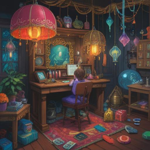 A whimsical illustration featuring a charming lucky charm that enhances luck when dropping objects, surrounded by floating small items like keys and pens, bright colors, playful design, enchanting background with sparkles, a sense of lightheartedness, inviting atmosphere, 4k