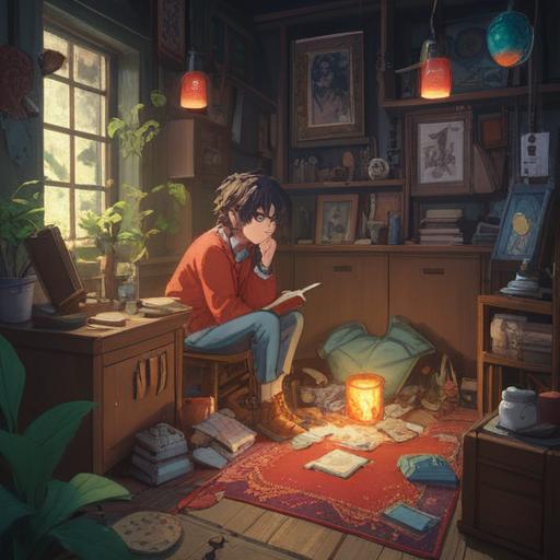 A serene and introspective scene depicting a person contemplating over scattered belongings, symbols of lost items gently glowing with ethereal light, reflecting spiritual growth and self-discovery, an aura of tranquility surrounds the person, soft illumination in a peaceful environment, floral elements suggesting renewal and hope, harmonious colors, inviting atmosphere, 4k