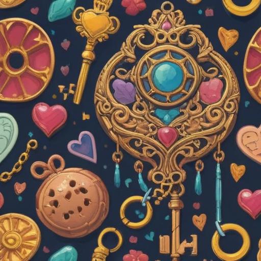 A whimsical illustration of a lucky charm, featuring delicate designs of small, charming objects like keys and hearts, surrounded by fragile items such as glass ornaments and porcelain figurines, a soft glow radiating from the charm, evoking a sense of protection and positivity, enchanting atmosphere, vibrant colors, detailed texture, 4k