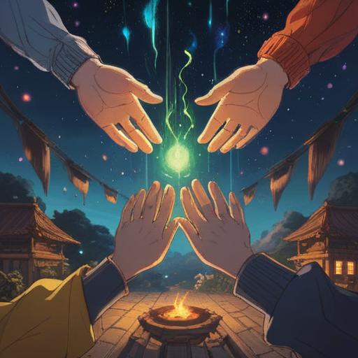 A serene moment depicting the act of giving, subtle spiritual signs in the atmosphere, warm glowing light around the giver's hands, symbolic elements like feathers and soft auras, a sense of connection and energy exchange, peaceful surroundings, harmonious colors, calming presence, gentle expressions, 4k