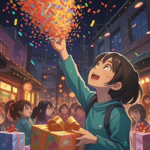A vibrant scene depicting a person joyfully receiving a gift, colorful confetti falling around, an expression of surprise and delight on their face, festive decorations in the background, warm lighting creating an inviting atmosphere, symbols of luck like four-leaf clovers and horseshoes, a sense of celebration and opportunity, 4k