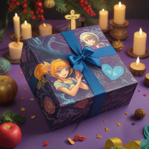 A beautifully wrapped gift, intricate details on the wrapping paper, soft ambient light highlighting the gift, two hands gently reaching for it, symbolic connection represented by glowing threads, warm colors evoking feelings of love and friendship, serene background with subtle floral elements, 4k