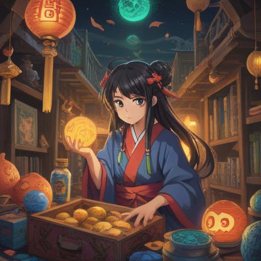 A mystical scene depicting a person joyfully unboxing a new item, surrounded by symbols of good fortune and spiritual transformation, vibrant colors, glowing energy emanating from the new object, serene environment with plants and crystals, harmonious atmosphere, embodiment of luck and new beginnings, 4k
