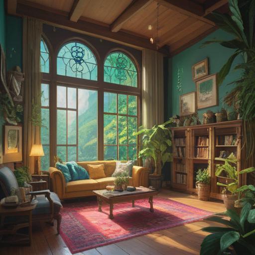 A serene and tranquil living space designed for attracting spiritual abundance, soft natural lighting, harmonious color palette, plants and crystals integrated into the decor, comfortable and inviting furniture, peaceful atmosphere, mindful arrangement, open and airy layout, inspiring artwork on the walls, 4k