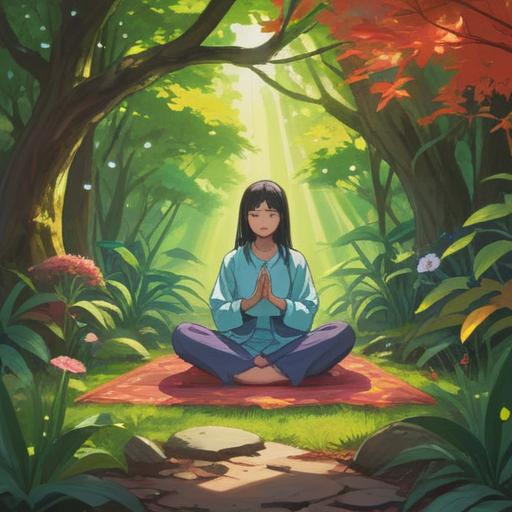 A serene illustration of a person meditating in a tranquil garden, surrounded by vibrant nature, gentle sunlight filtering through leaves, symbolic objects like a lucky charm and a dreamcatcher nearby, a sense of calm and positivity in the air, an atmosphere of mindfulness and intention, with plants representing growth and abundance, capturing the essence of conscious habits for attracting luck, 4k