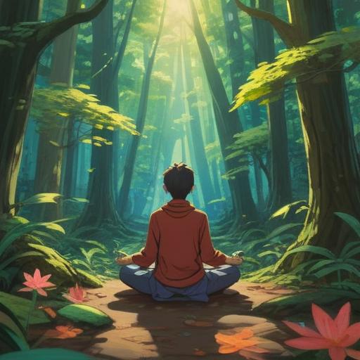 A serene and tranquil scene depicting a person meditating in a lush forest, bright sunlight filtering through the trees, surrounded by symbolic objects like feathers and crystals representing spiritual signs, gentle breeze causing leaves to rustle, calming atmosphere, soft glow, harmonious connection with nature, 4k