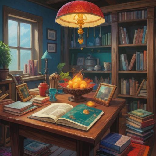 A collection of various objects neatly organized on a table, bright and inviting colors, a sense of order and clarity, books stacked, notes arranged, coffee cup steaming, warm lighting, peaceful workspace, 4k