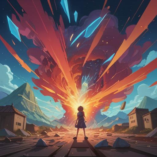 A symbolic illustration depicting the moment an object shatters, fragments scattering in the air, with a vibrant aura surrounding the shards, representing shifts in fortune and luck, contrasting light and dark elements illustrating positive and negative energy, a serene background suggesting tranquility amidst chaos, detailed textures capturing the essence of broken pieces, vibrant colors reflecting emotional changes, 4k