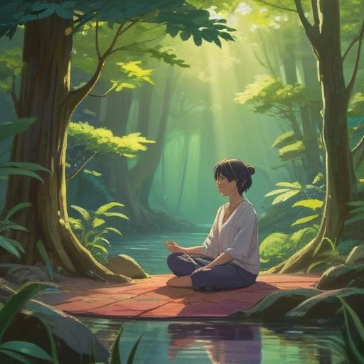 A serene and tranquil scene depicting a person meditating in a peaceful environment, surrounded by nature, soft sunlight filtering through the trees, a calm lake in the background, gentle ripples on the water, symbolizing reflection and mindfulness, minimalistic lifestyle elements, soothing colors, emphasis on inner peace and simplicity, 4k