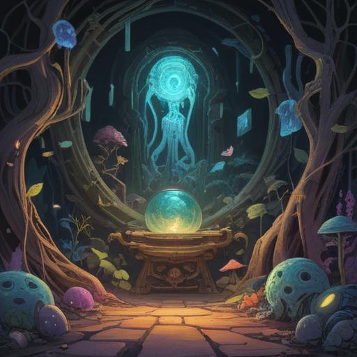 A mystical illustration depicting the spiritual meaning of lost items, ethereal energy swirling around misplaced objects, serene expressions of individuals searching for lost belongings, a surreal environment with floating items, soft light filtering through trees, the representation of soul searching and introspection, vibrant colors that evoke a sense of wonder, 4k