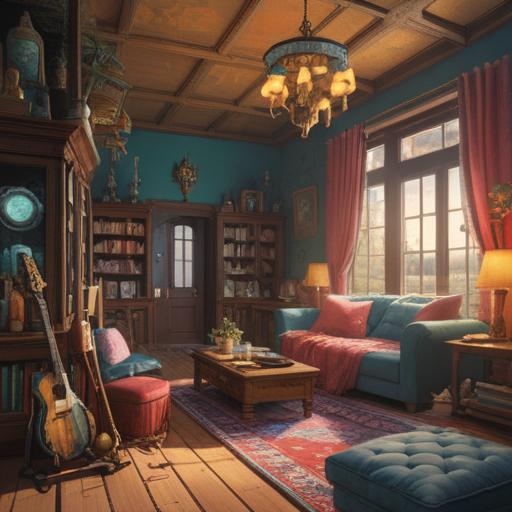 A room filled with various objects symbolizing spirituality, cluttered yet harmonious, eclectic decor representing personal history and memories, soft light illuminating the space, ethereal ambiance, thoughtful arrangement of items, reflective surfaces, inviting atmosphere, 4k