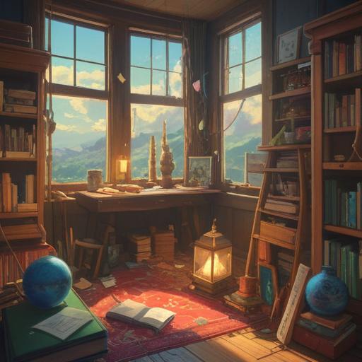 A cluttered room filled with various spiritual artifacts, incense sticks, crystals, and books, warm sunlight streaming through the window, vibrant colors, a sense of positive energy, mystical ambiance, hints of nature with plants, a feeling of harmony and abundance, rich textures and layers, 4k
