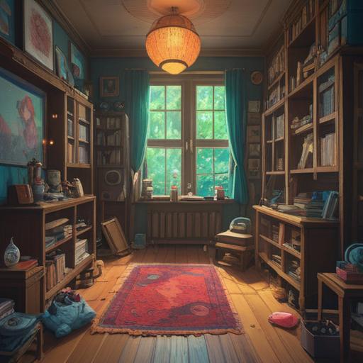 A cluttered room filled with various objects, ethereal light streaming through the window, subtle spiritual symbols subtly appearing among the clutter, a sense of tranquil energy, hints of ancient wisdom in the atmosphere, soft shadows casting intriguing shapes, a calm presence amidst chaos, 4k
