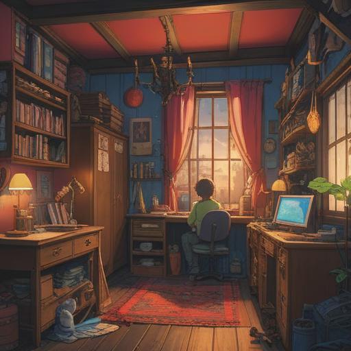 A cozy room filled with various items and clutter, a person organizing and decluttering, surrounded by symbols of good luck like four-leaf clovers and lucky cats, soft sunlight streaming in through a window, a warm and inviting atmosphere, colorful storage boxes, careful arrangement of items, 4k