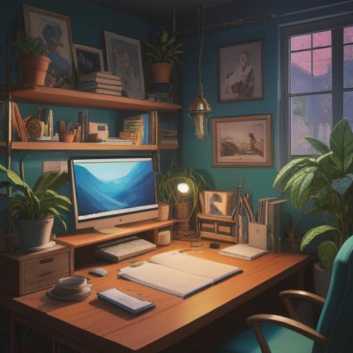 A serene and organized workspace, clear desk with minimal clutter, soothing color palette, plants for tranquility, neatly stacked books, well-arranged stationery, natural light streaming through the window, calming atmosphere, focus on simplicity and peace, 4k