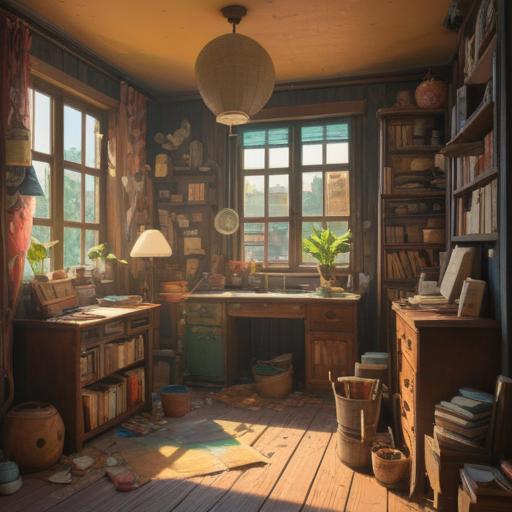 A cluttered home filled with various objects, representing the accumulation of memories and experiences, warm sunlight filtering through dusty windows, colorful trinkets displayed on shelves, a cozy yet chaotic atmosphere, symbols of nostalgia and spirituality intertwined, inviting and intriguing details, 4k
