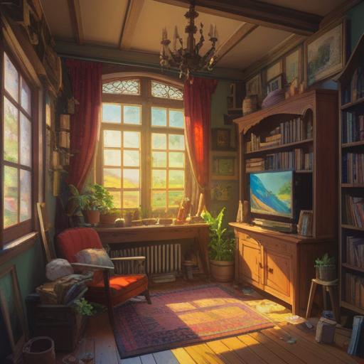 A cozy, cluttered home filled with various items representing spirituality, vibrant colors, sunlight streaming through the window, an aura of positivity, diverse artifacts symbolizing different beliefs, warm and inviting atmosphere, a sense of harmony and balance, intricate details on objects, hints of nature intertwined, 4k