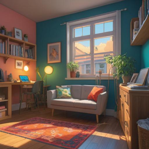 A serene and harmonious living space, showcasing a cluttered room transitioning to minimalism, soft sunlight filtering through window, calming colors, symbolic elements of spirituality like crystals and plants, organized shelves, inviting atmosphere, zen-inspired decor, 4k