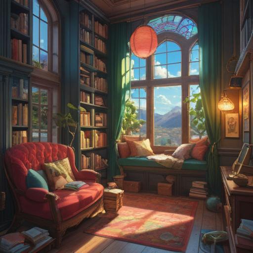 A serene interior space designed to cultivate mental richness, harmonious color palette, natural lighting filtering through large windows, cozy reading nook with comfortable cushions, plants for connection to nature, minimalist decor promoting tranquility, inviting atmosphere for mindfulness and reflection, gentle textures and calming artwork, 4k