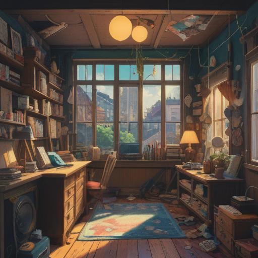 A cluttered and chaotic room filled with various objects, each symbolizing different emotions and energies, soft light filtering through a window, ethereal glow surrounding the items, spiritual harmony amidst the disarray, sacred symbols subtly integrated, peaceful yet overwhelming atmosphere, 4k