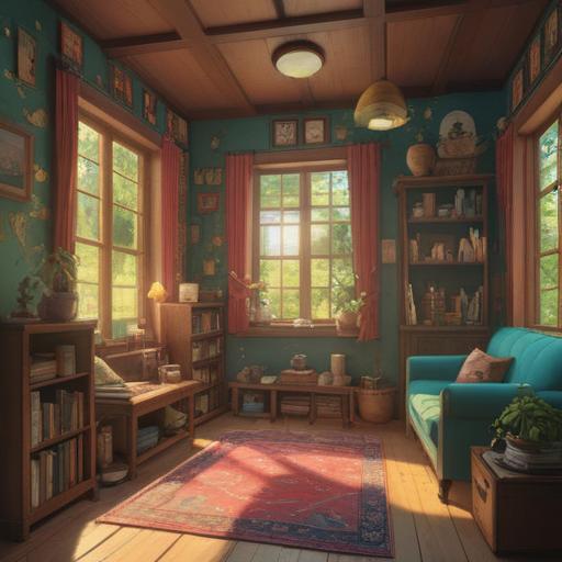 A vibrant and intricate scene depicting a cozy room filled with various meaningful objects, spiritual symbols scattered throughout, sunlight streaming through a window casting warm glows, an assortment of colorful crystals, books on spirituality and personal growth, plants thriving in every corner, a sense of harmony and abundance, inviting atmosphere, illustrations of positive energy and enlightenment, 4k