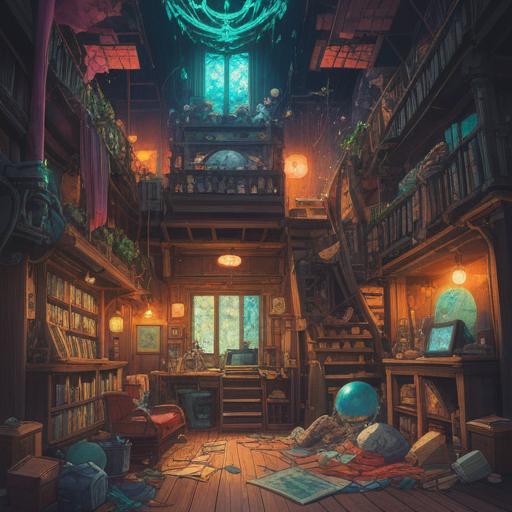 A mystical illustration depicting an overwhelmed space filled with clutter, ethereal light filtering through, spiritual symbols subtly integrated into the chaos, an aura of tranquility amidst the mess, characters meditating to find clarity, vibrant colors illuminating hidden messages, serene atmosphere, 4k