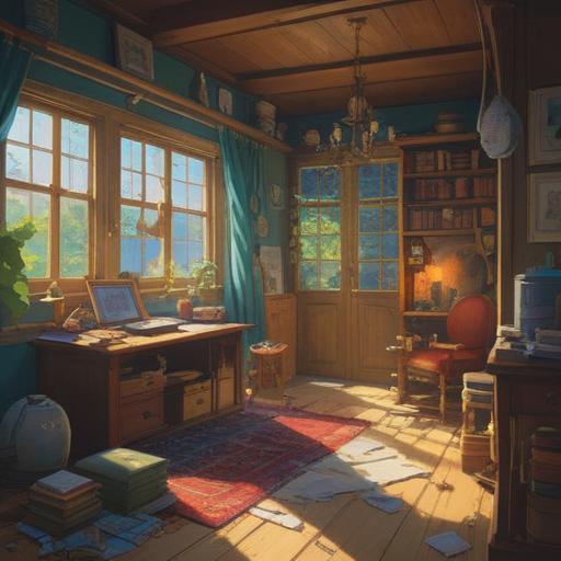 A serene and cluttered room, various lucky items scattered throughout, a mix of traditional and modern charms, sunlight filtering through the window, creating a warm glow, soothing colors, inviting atmosphere, organized chaos, inspirational quotes on the wall, cozy and uplifting space, 4k