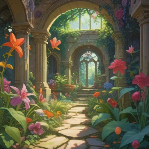 A broken object revealing a hidden message of joy, fragments of glass shimmering in sunlight, a whimsical garden setting, vibrant flowers surrounding the pieces, soft rays illuminating the scene, a sense of hope and renewal, intricate details in the shattered pieces, encouraging atmosphere, 4k