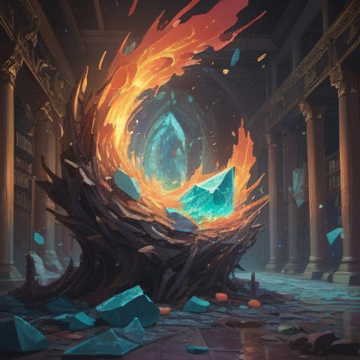 A surreal illustration of objects shattering one after another, representing spiritual transformation, broken glass scattering in various directions, ethereal light illuminating the scene, a sense of chaos and rebirth, vibrant colors blending together, dreamlike atmosphere, intricate details in the shattered pieces, 4k