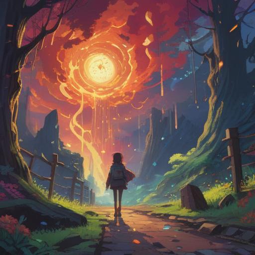 A serene and mystical landscape, objects shattering in slow motion, vibrant energy releasing from the broken pieces, celestial light illuminating the scene, abstract representations of transformation and renewal, a sense of calm in chaos, ethereal presence guiding the viewer, harmonious colors blending together, 4k