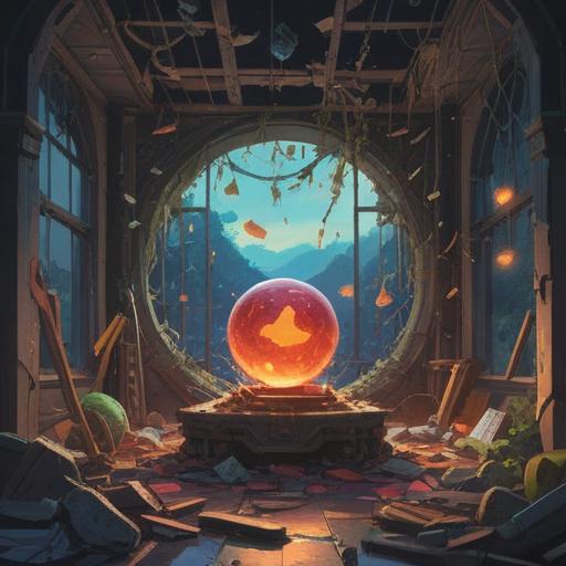 A surreal illustration of a broken objects scene, with a lucky charm glowing in the center, scattered debris flying in the air, vibrant colors, dynamic action, a sense of chaos and luck intertwined, a mystical aura surrounding the charm, detailed background elements reflecting a dramatic moment, 4k