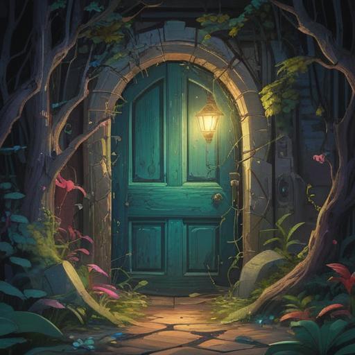 A whimsical illustration of a broken object transforming into a magical door, vibrant colors, intricate details, nature surrounding the door, glowing light emitting from the cracks, hopeful atmosphere, symbolism of renewal and luck, enchanting scenery, dreamlike quality, 4k