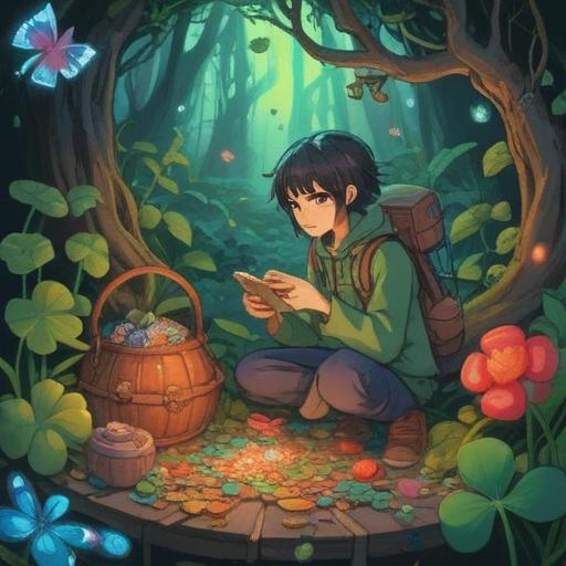 A whimsical illustration of a person searching for lost items, surrounded by various lucky charms and symbols, a four-leaf clover, a horseshoe, a lucky coin, vibrant colors, playful atmosphere, detailed background featuring cluttered surfaces, expressive character expressions, 4k