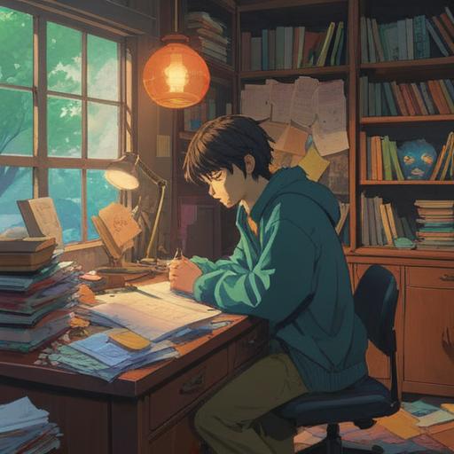 A serene and contemplative scene, a person sitting at a desk surrounded by scattered papers and personal items, deep in thought, using a journal to jot down feelings and thoughts, soft natural light filtering through a window, an organized section for clarity, a chaotic section representing clutter, calming colors, tranquil atmosphere, 4k