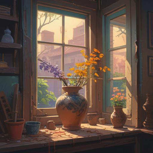 A serene and ethereal scene depicting a broken pottery vase, soft light filtering through a window, flowers spilling out gracefully, symbolizing transformation and new beginnings, gentle colors, harmonious atmosphere, nature elements surrounding the vase, inviting and peaceful environment, spiritual essence, 4k