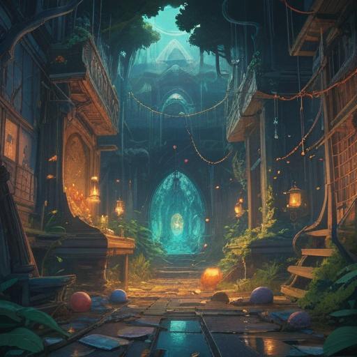 A surreal illustration depicting broken objects in a serene environment, symbolic elements representing spiritual growth, ethereal light illuminating the scene, tranquil colors, a sense of transformation and renewal, nature interwoven with shattered items, thoughtful expressions and emotions conveyed, harmony between chaos and peace, vibrant details, 4k